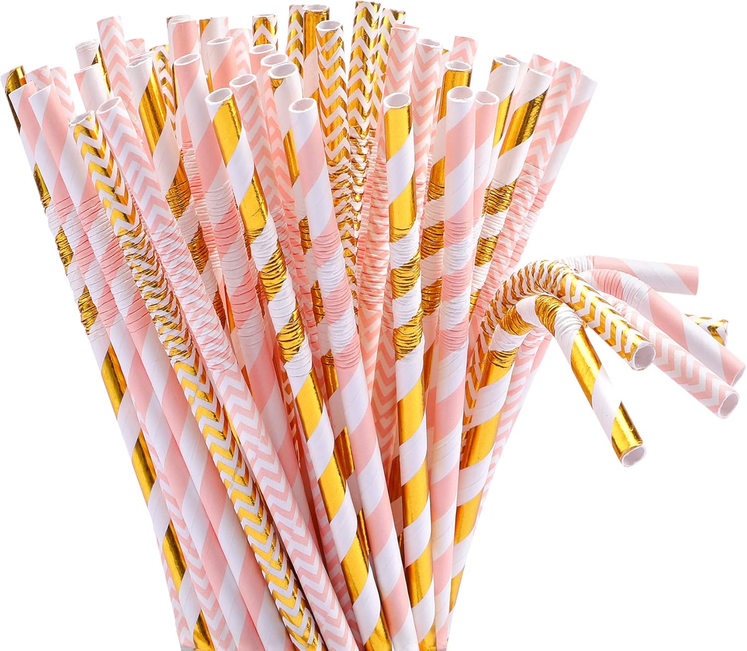 Tomnk 100pcs 8.85 Inch Flexible Bendy Pink/Gold Paper Straws Biodegradable Drinking Straws- Premium Eco-Friendly & Dye-Free