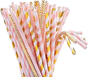 Tomnk 100pcs 8.85 Inch Flexible Bendy Pink/Gold Paper Straws Biodegradable Drinking Straws- Premium Eco-Friendly & Dye-Free