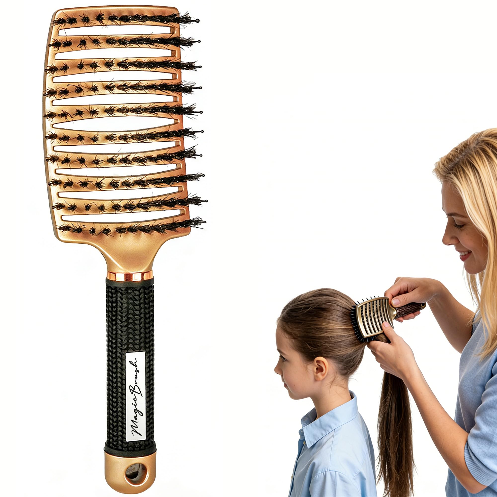 Pop Magic Detangling Hair Brush for Women and Kids, Boar Bristle Paddle Brush for Blow Drying, Wet Hair, Long, Thick, Curly, Afro Hair (Gold)