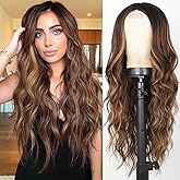 XIXIBI Long Brown Wigs, Ombre Brown Highlights Wavy Wigs for Women, 26 Inch Middle Part Synthetic Heat Resistant Wig for Daily Party Use