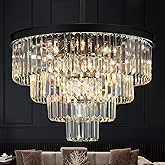 Crystal Chandeliers for Dining Room Lights Fixture Over Table, 15 Lights Black Modern Chandeliers for Living Room, 4-Tier Rou