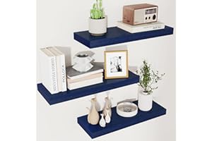 FUQING Blue Floating Shelves for Wall, Solid Wood Floating Wall Mounted Shelves Set of 3, Modern Blue Shelves for Wall Decor Storage Bedroom Living Room Bathroom Kitchen - Dark Blue