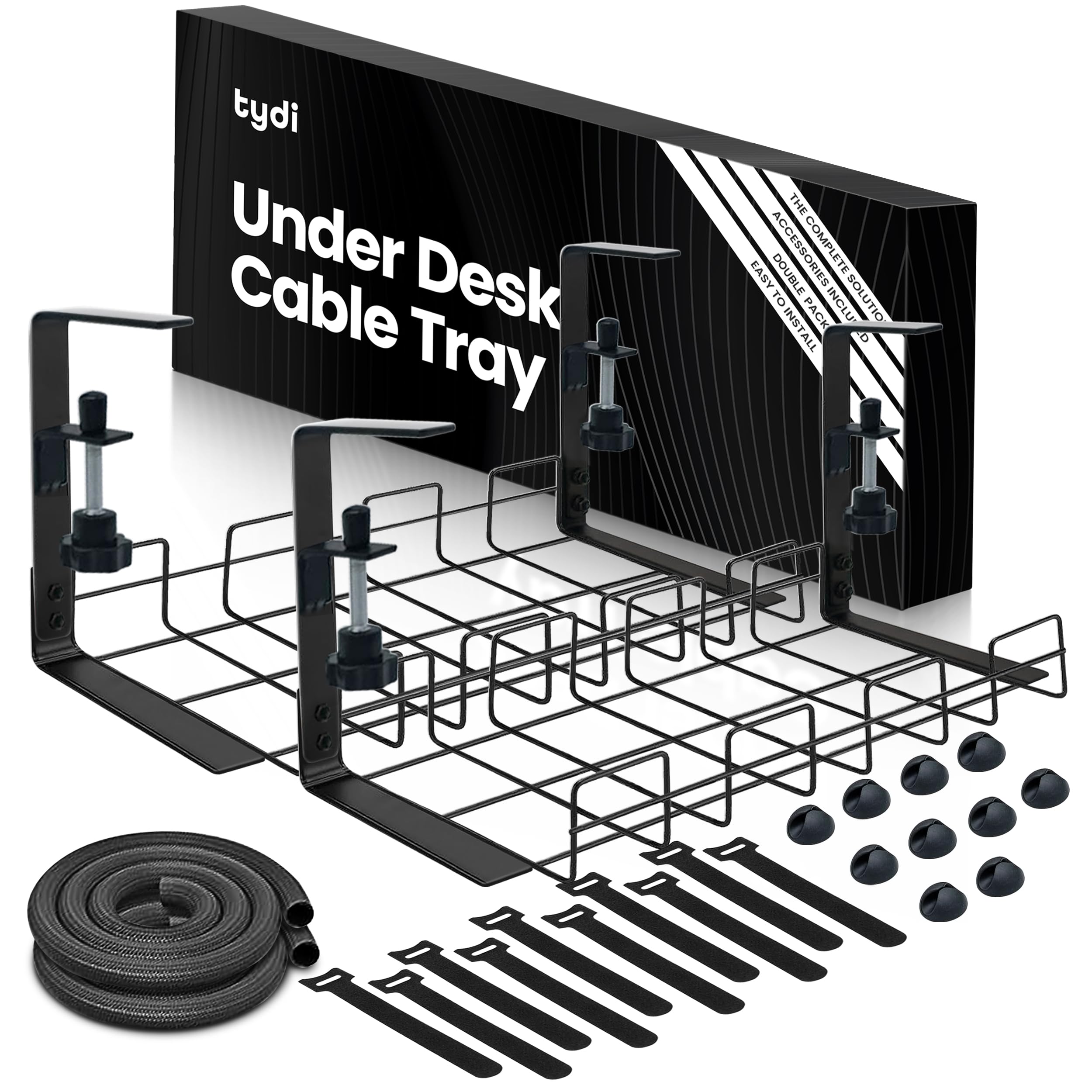 Tydi Under Desk Cable Management - 2X Trays, 40 cm Long, Black Plastic, Screw-In, Classic Style