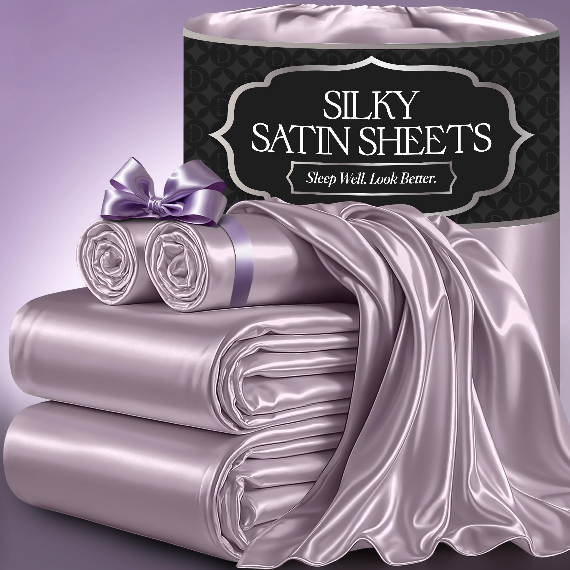 Photo 1 of DECOLURE Satin Bed Sheets - 4 Piece Luxury Silky King Size Bedding Set - Softer Than Silk, Wrinkle-Free with 15” Deep Pocket Fitted Sheet, Perfect for Hair & Skin, Gifts for Women (Lavender)
