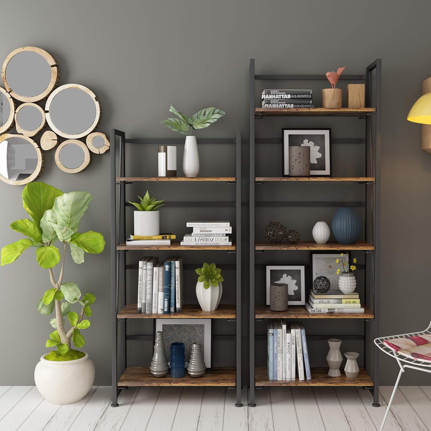 GHQME No-Assembly Folding Bookshelf Storage Shelves 4 Tiers Vintage Multifunctional Plant Flower Stand Storage Rack Shelves Bookcase for Home Office (Fire Board): Kitchen & Dining