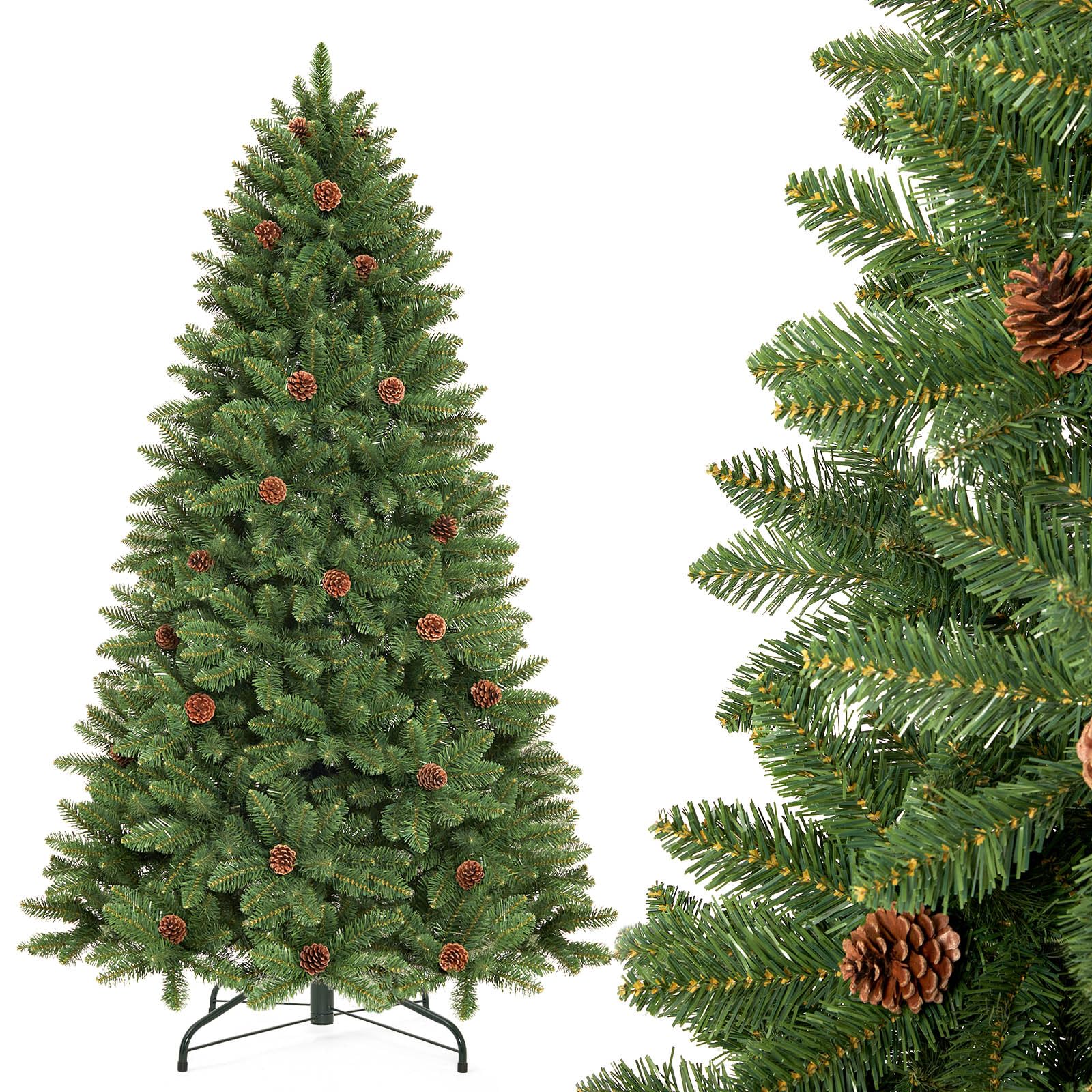 Photo 1 of *The photo and description are for reference only.****Decoway 6FT Artificial Christmas Tree: Unlit Green Xmas Pine with Pinecones and Metal Stand for Indoor - Holiday Decoration for Porch Living Room Easy Assembly