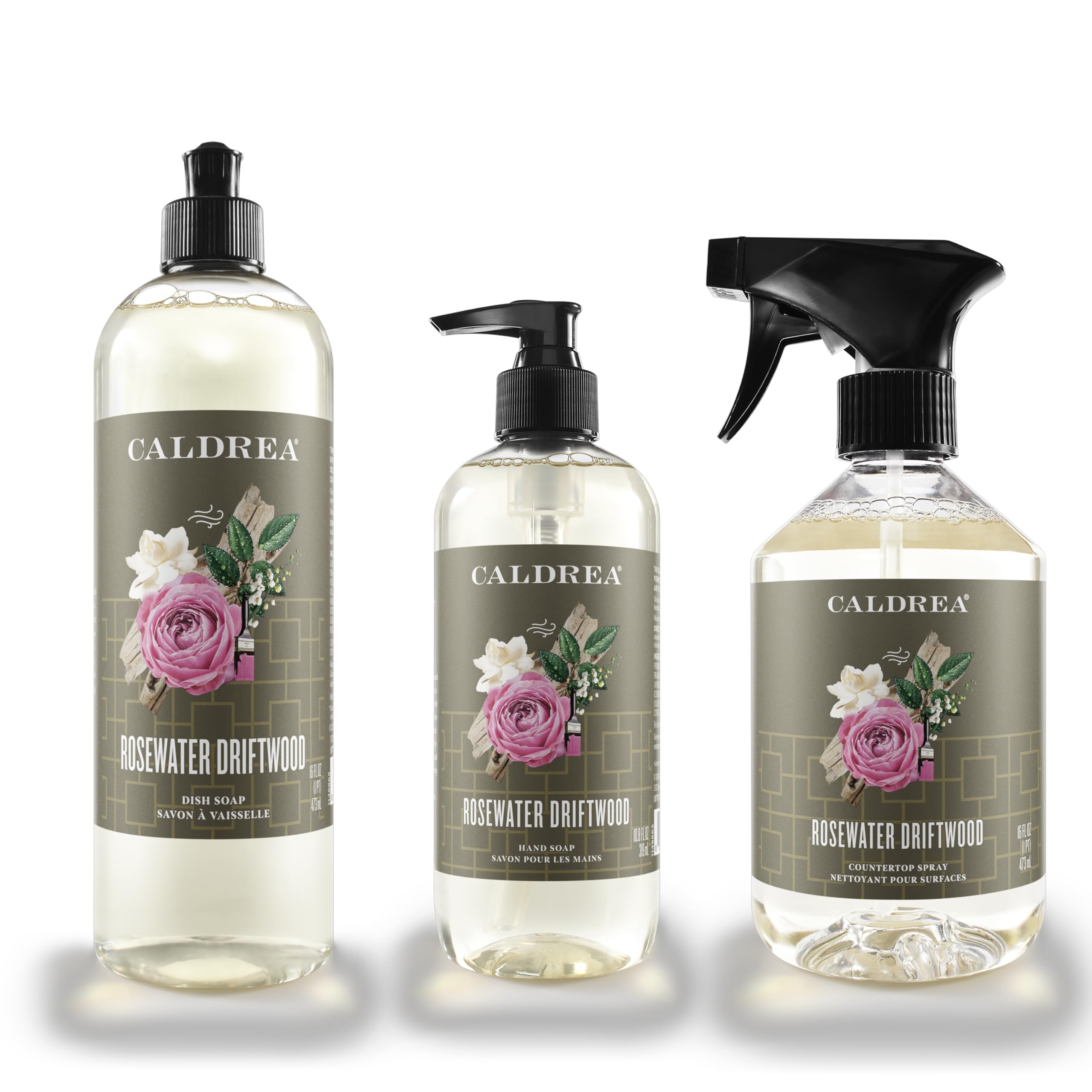Caldrea, Rosewater Driftwood, Scrub + Shine Set, Contains (1) Multi-Surface Countertop Spray Cleaner, (1) Liquid Dish Soap, (1) Liquid Hand Wash Soap