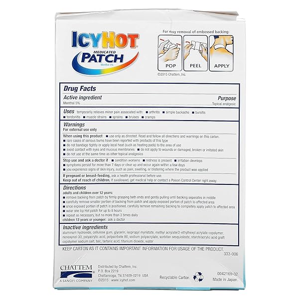 ICY HOT ORIGINAL PAIN RELIEF PATCH, MEDIUM SIZE FABRIC PATCHES FOR ARM, NECK AND LEG WITH MENTHOL 5%, ICE AND HEAT CONTRAST THERAPY FOR BACKACHES, JOINTS, MUSCLE STRAINS AND ARTHRITIS, 5 CT.