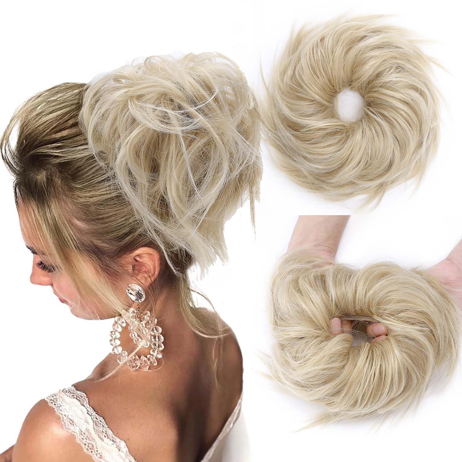 Real Fashion Tousled Updo Hair Pieces Messy Bun Hair-Scrunchies Extensions Hairpieces Ponytails HairExtensions for Women Ash Blonde to Bleach Blonde