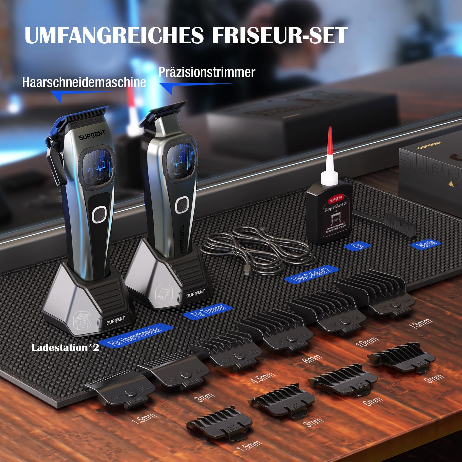 SUPRENT Haarschneidemaschine Herren Profi – Titanbeschichtete Fade-Klinge, Einstellbares Zero-Gap T-Blade, 5 Längenstufen, Magnetische Führungskämme, 2500mAh Akku & Typ-C Ladestation 7