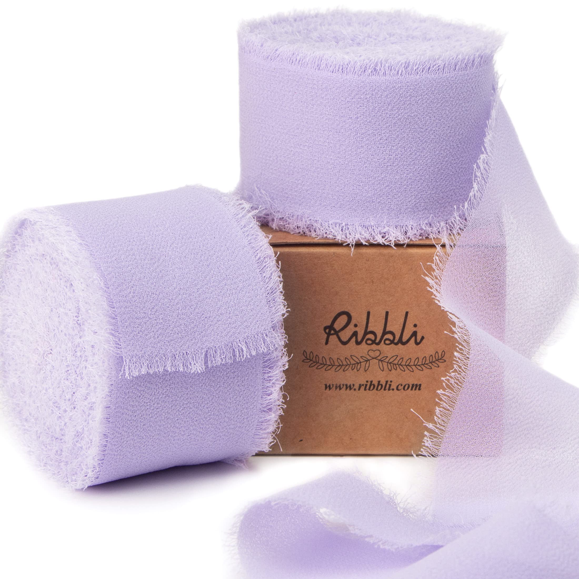 Photo 1 of Ribbli Lavender Chiffon Silk Ribbon, 1-1/2 inch x 20 Yard, Handmade Fringe, Light Purple for Wedding Invitations, Bridal Bouquets, Flower Arrangement Decoration