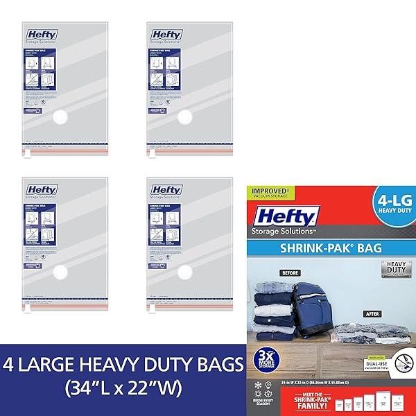 HEFTY SHRINK-PAK HEAVY DUTY VACUUM STORAGE BAGS – FOR CLOTHES, PILLOWS, TOWELS, BLANKETS & MORE – SPACE SAVER VACUUM SUCTION SEAL FOR HOME OR TRAVEL – 4 LARGE BAGS, 34 X 22 INCHES