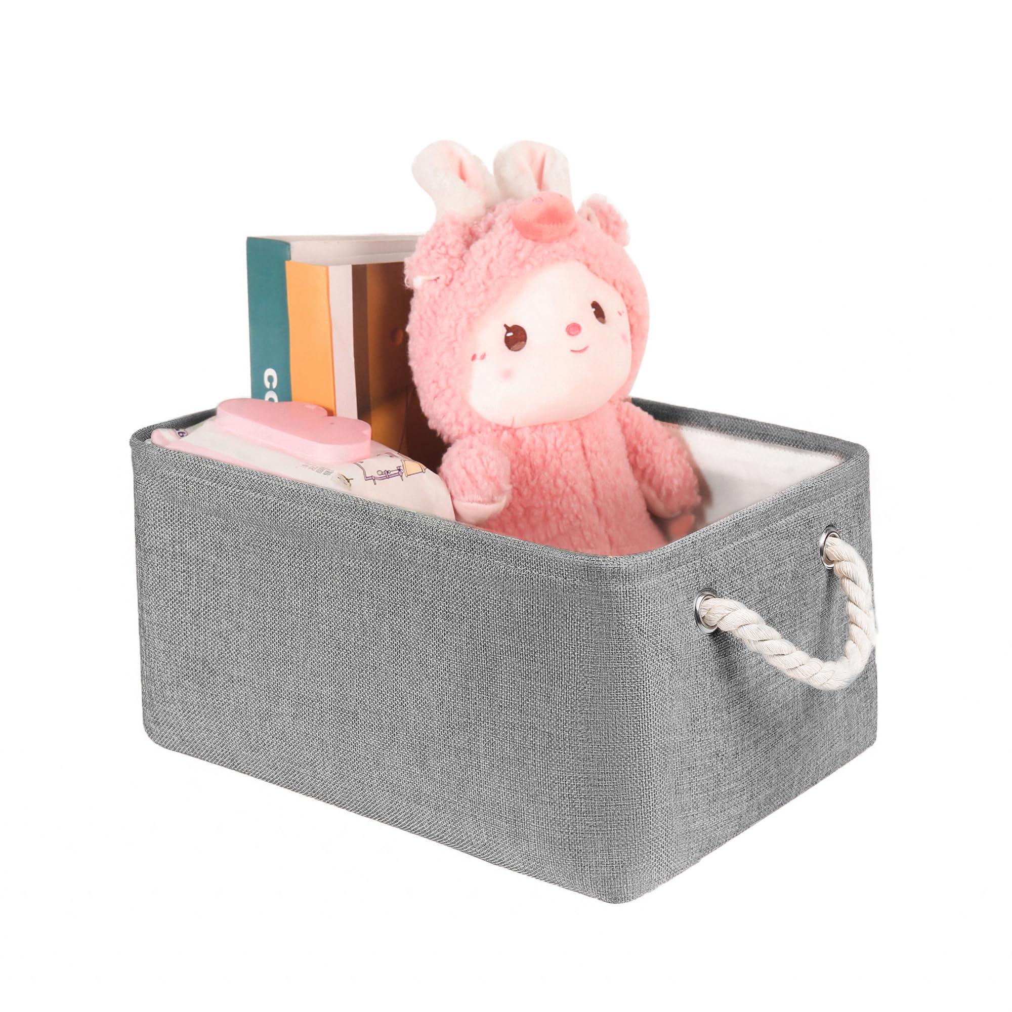 Photo 1 of LordCom Storage Bins with Sturdy Cotton Handles(1 Pack), Fabric Storage Baskets for Organizing use for Office & Home, Book, Clothes, Toys, Closet Boxes (Medium, Grey, 14.2x10.2x7.1 inches)