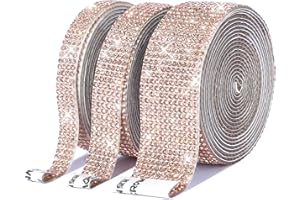 SNILOAW 3 Rolls 6.6 Yards Self-Adhesive Crystal Rhinestone Diamond Ribbon,DIY Diamond Ribbon Stickers with 2 mm Rhinestones for Arts Crafts,Bling Silver Ribbon Rolls for Phone,Car Decoration(Champagne)