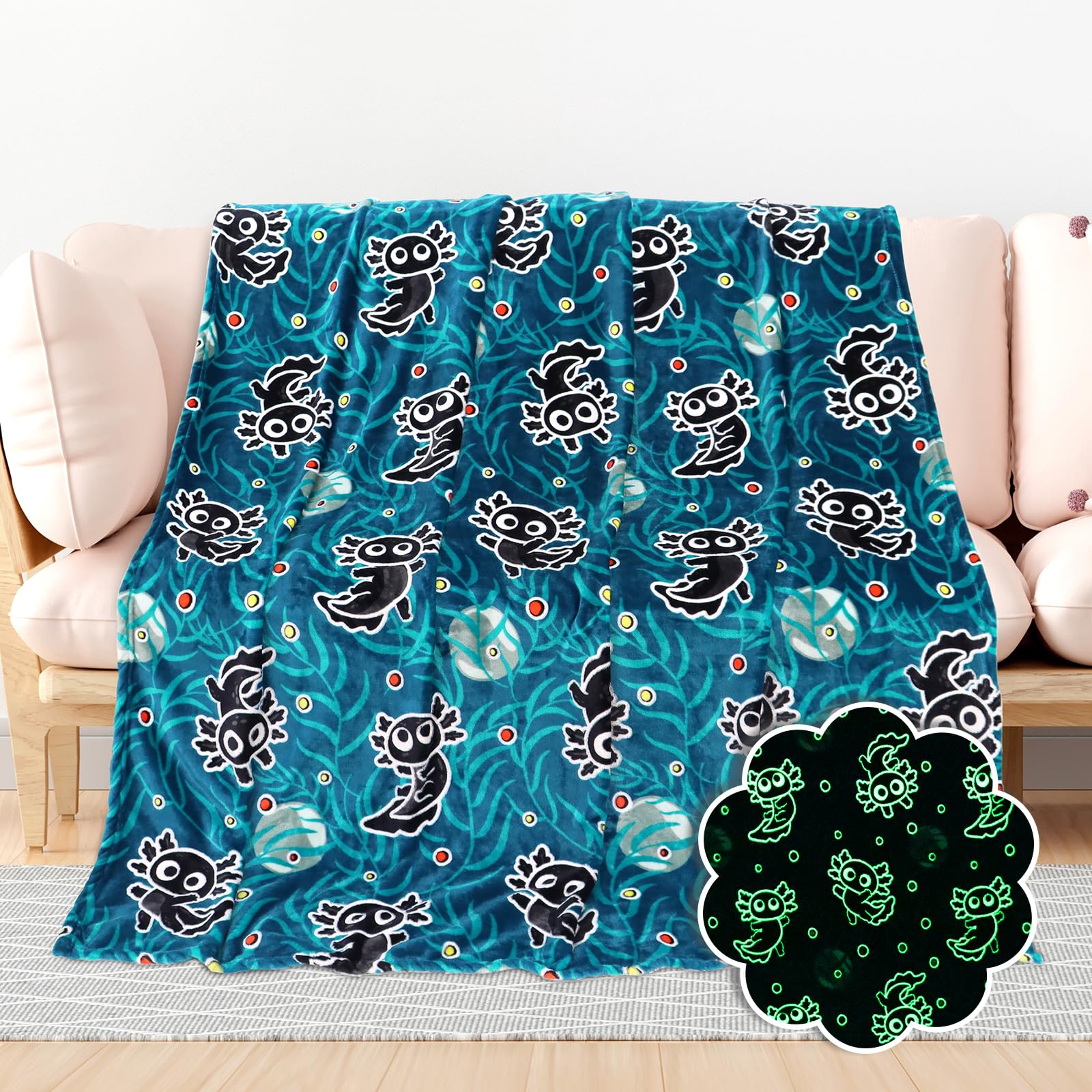 BORORO Twin Size Axolotl Throw Blanket for Bed & Couch - Glow in The Dark Blankets Black Axolotl Gifts for Boys & Women, Lightweight Blue Soft Salamander Throw for Bedroom Decor 60x80 inches Image