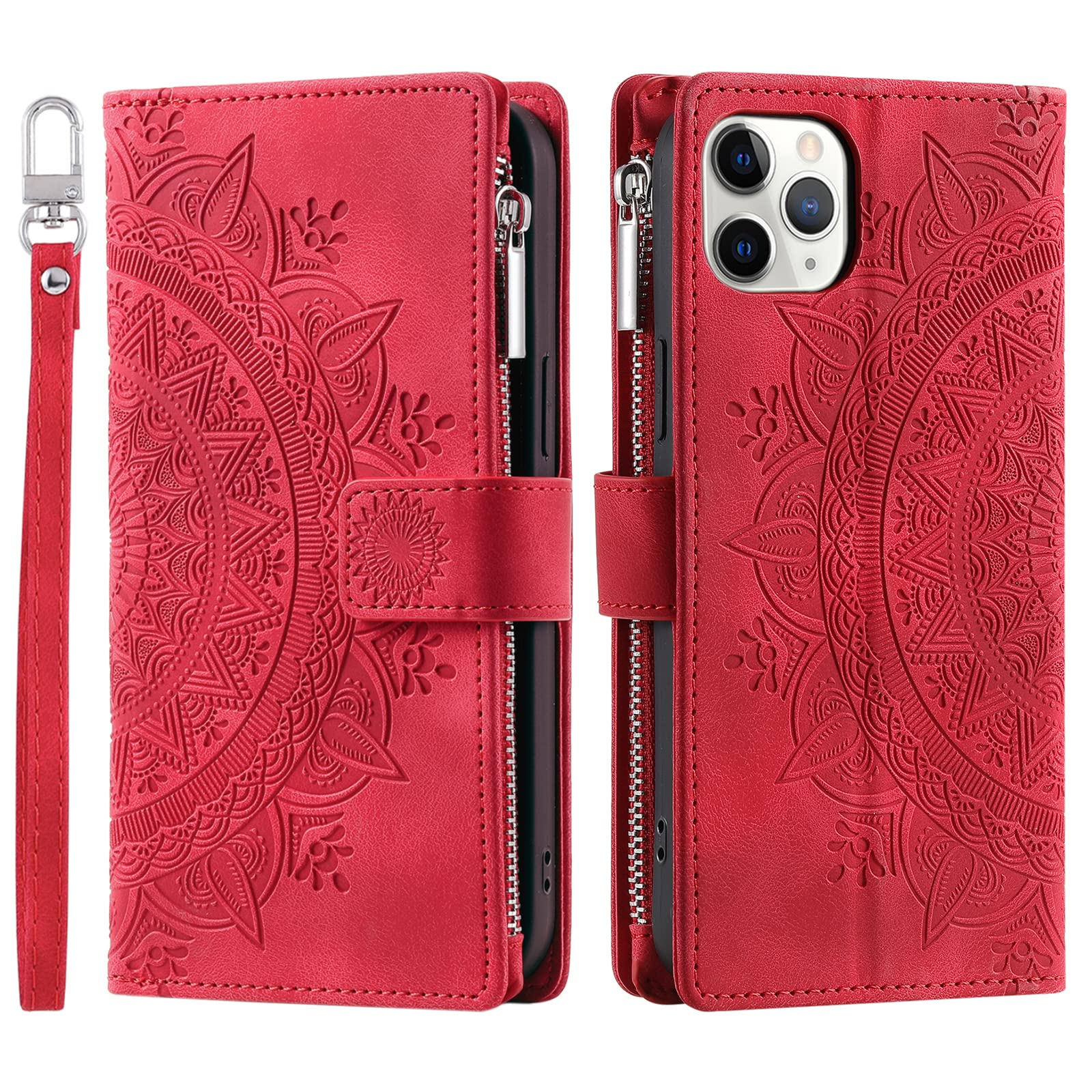 VEEMOS Wallet Case for iPhone 11 Pro Flower Flip Case Protective Leather Folio Book Phone Cover with Card Slots Kickstand Zipper Pocket - Red