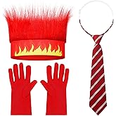 Luinabio 3 Pcs Halloween Angry, 1 Red Hairy Headband Flame Crazy Wig, 1 Pair Red Gloves and 1 Adjustable Striped Tie for Adult