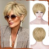 SOFEIYAN Pixie Cut Wig - Short Blonde Wig with Bangs Layered Pixie Haircut Synthetic Hair Wigs for Women Soft Glueless Heat Resistant Natural Looking Light Blond Wavy Wigs for Daily Party Use