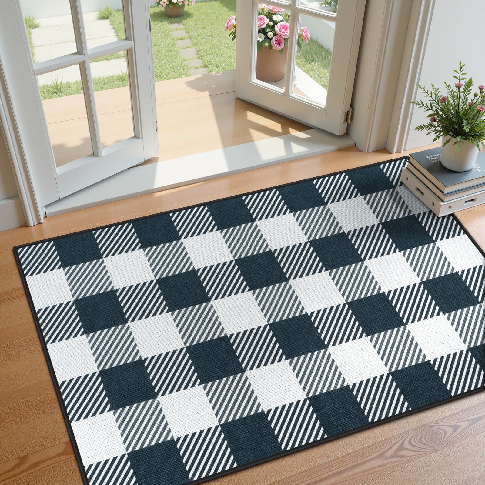 Photo 1 of LIVEBOX Easy Jute Door Mat Indoor Entrance, Front Door Mats Outdoor Non Slip Rug, Washable Buffalo Plaid Checkered Rugs for Entryway Kitchen (Grey Black & & White,2.3'x3.6')