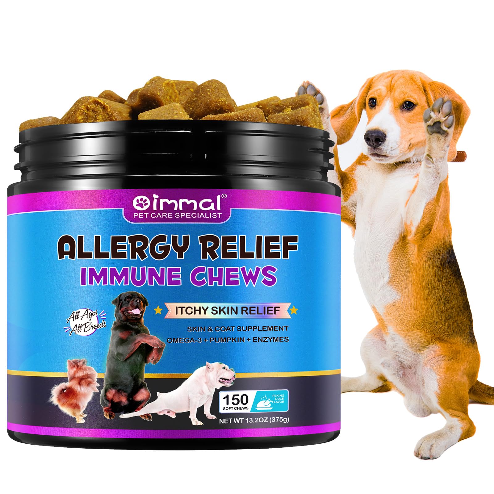 HXTMKT Dog Itch and Immune Chews, Itch Relief Allergy Relief for Dogs, Anti Itch for Dogs, Skin Allergy Treatment for All Dog Breeds, 150 Chews Duck Flavor Dog Skin& Coat Health Supplement