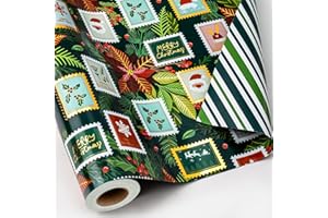Flyhill Reversible Christmas Wrapping Paper-17 Inch X 33 Feet-Gold Foil Shiny Stamp Style with Berry Flower,Santa Claus,Christmas Pine Tree Leaf and Snowflake Design for Party,Birthday
