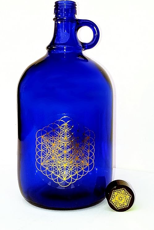 Blaue Glas Flasche 2 Liter mit 2 x Aufkleber "Blume der Vollkommenheit