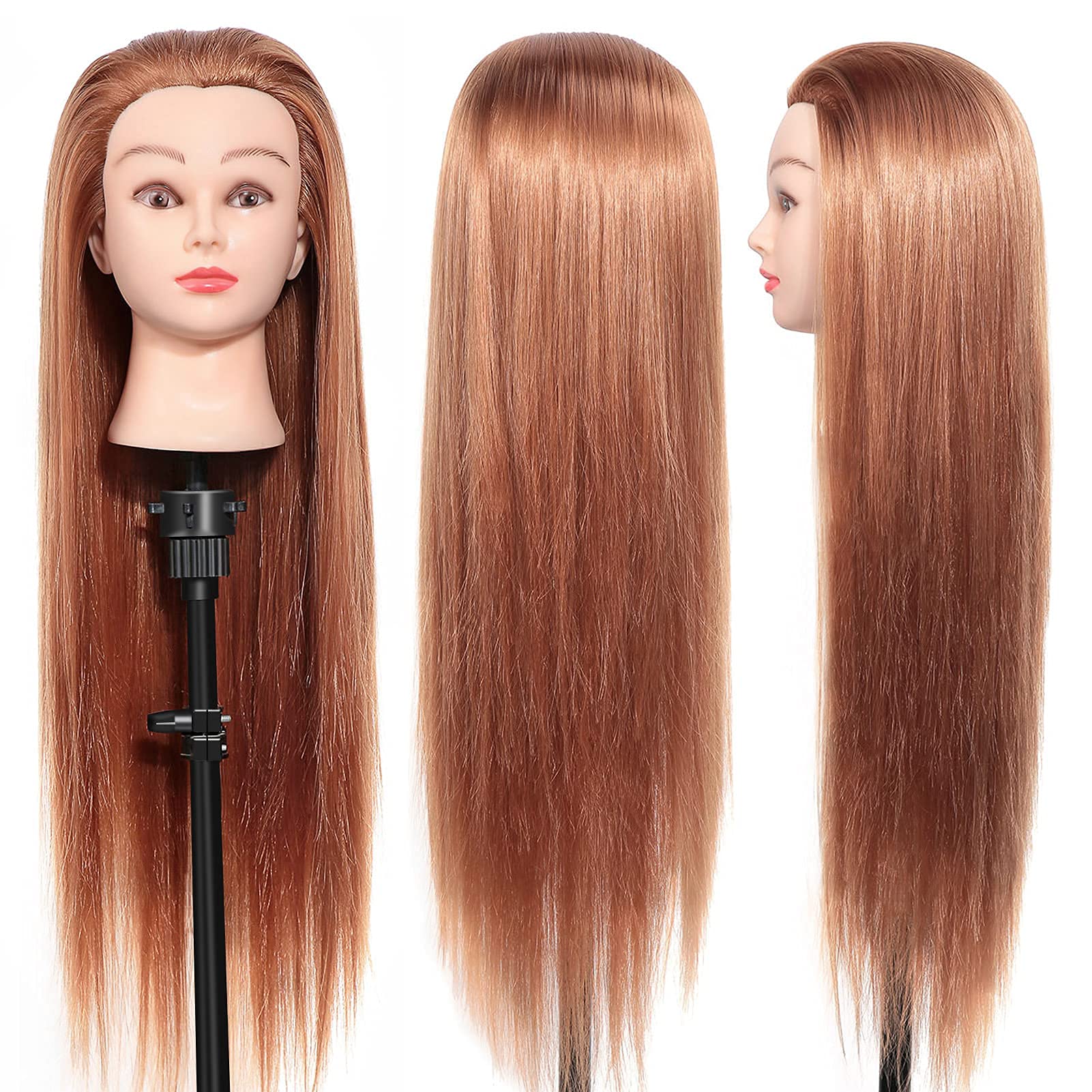 Hairdressing Training Head, 24 Inch Professional Long Hair Hairdressing Mannequin Manikin Doll Head with Table Clamp Stand