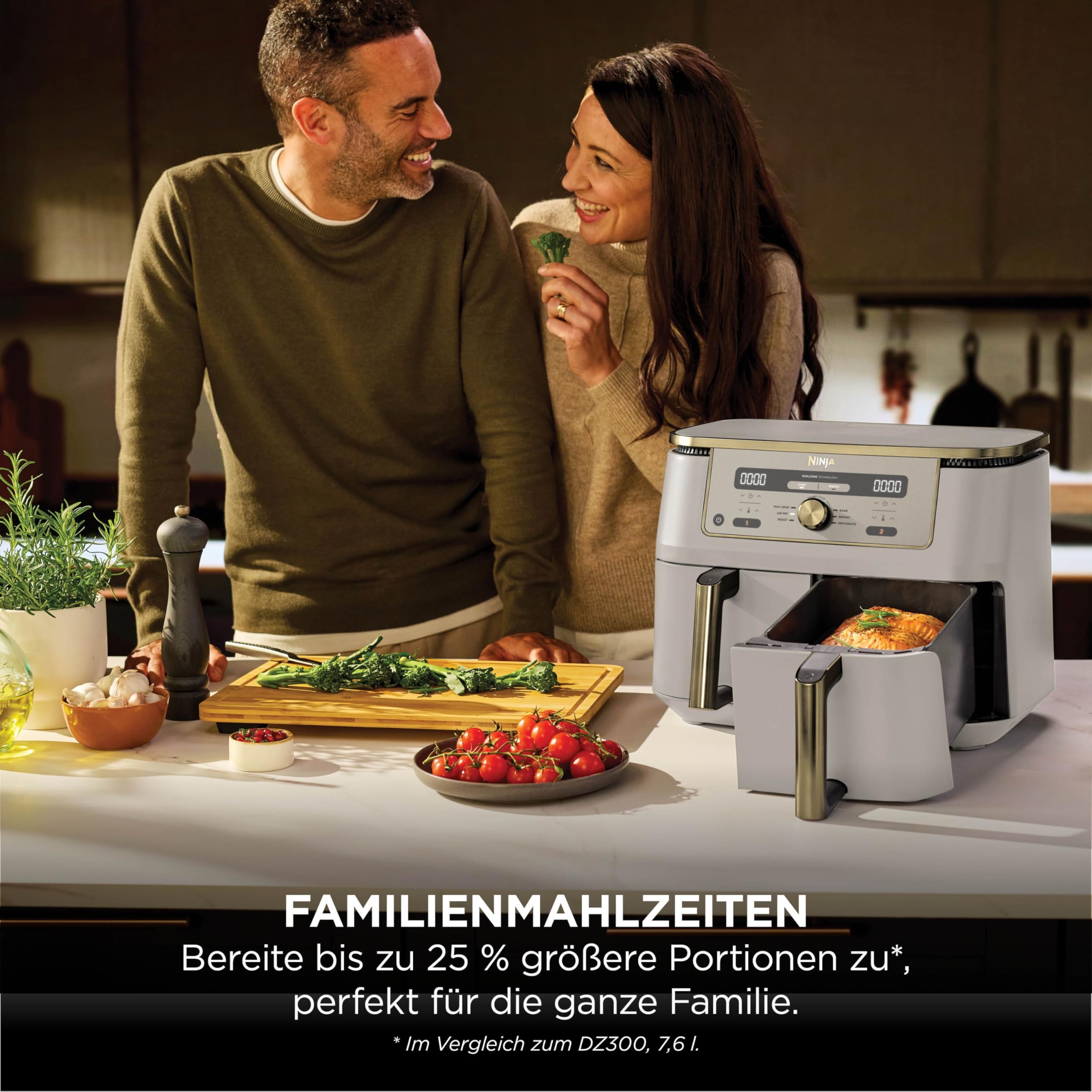 Ninja Dual Zone Digital Air Fryer, 2 Schubladen, 6-in-1, Heißluftfritteuse, 9,5L, Heißluft-Frittieren, Max Crisp, Rösten, Backen, Aufwärmen, Spülmaschinenfeste Körbe, Stone/Gold DZ400EUSTGD 6