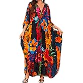 MAKABO Kaftan Dresses for Women, V Neck Moo Moos Colorful Print Cover Ups Caftan Beach Dresses for Swimwear