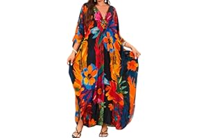 MAKABO Kaftan Dresses for Women, V Neck Moo Moos Colorful Print Cover Ups Caftan Beach Dresses for Swimwear