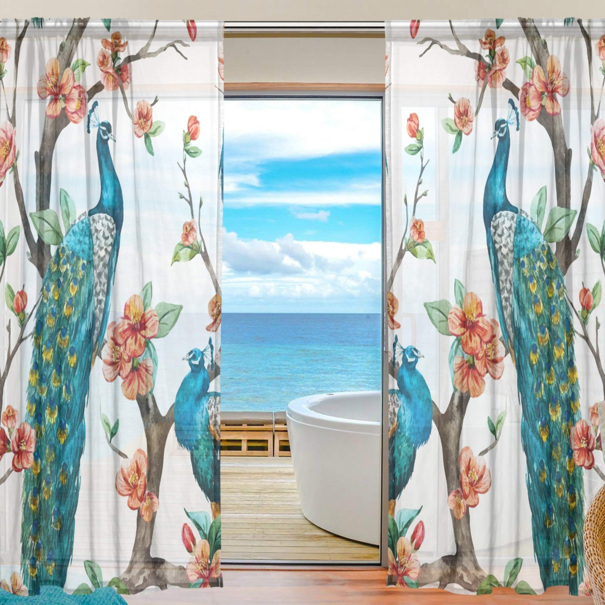 ALAZA Sheer Voile Curtains, Animal Peacock And Plum Polyester Fabric Window Net Curtain for Bedroom Living Room Home Decoration, 2 Panels, 84 x 55 inch