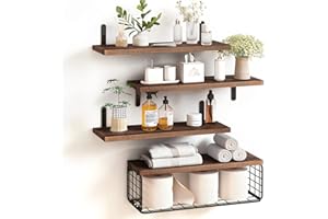 Fixwal 4+1 Tier Floating Shelves, Rustic Wood Wall Shelf, Bathroom Shelves Over Toilet with Wire Storage Basket, Farmhouse Wall Decor for Bedroom, Kitchen, Living Room and Plants (Dark Brown)