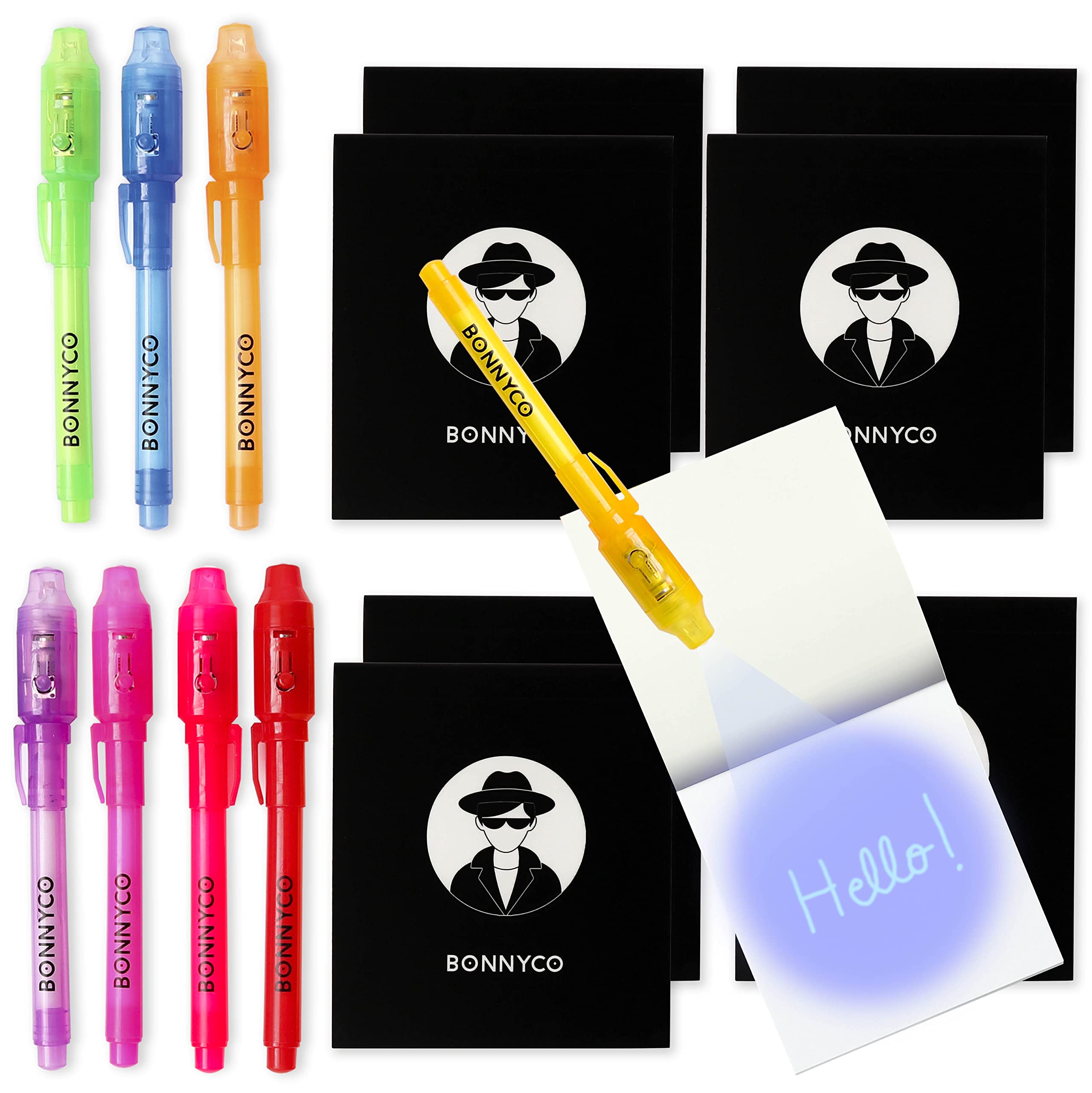 BONNYCO Invisible Ink Pen and Notebook, Pack of 8 Party Bag Fillers for Kids. Party Favours Boys and Girls, Pinata Toys. Birthday Stocking Fillers Kids, Classroom Prizes for School, Children Gifts
