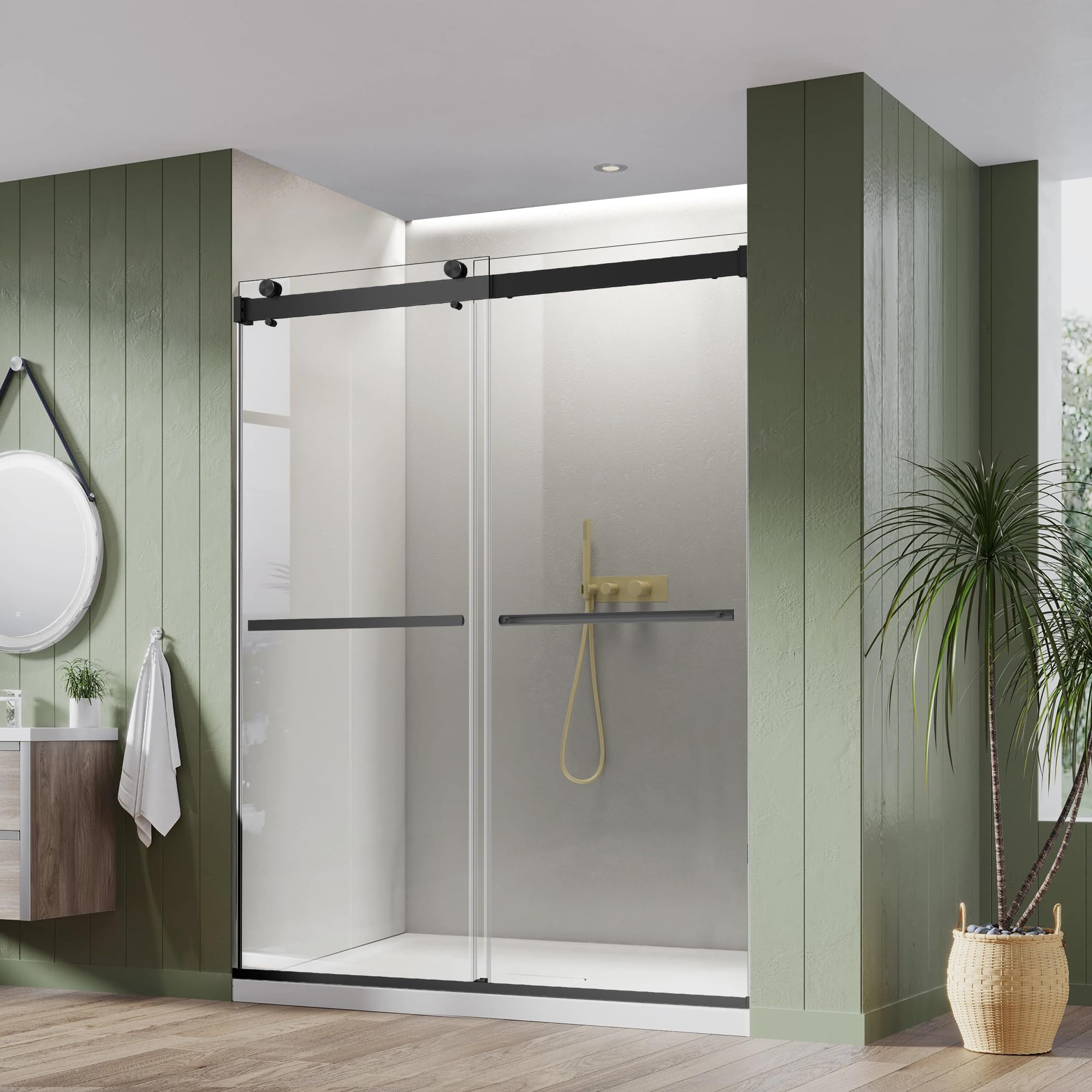 View 1 of ** only glass doors missing frame and other parts ** Bathroom Double Sliding Shower Door, 56-60" W x 76" H Frameless Shower Glass Door - 5/16" (8mm) Thick Clear Tempered Glass Door with Handle, Stainless Steel Hardware, Matte Black