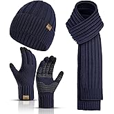 3pcs/Set Winter Beanie Hats Touchscreen Gloves Neck Warmer Scarf Set for Men with Knit Skull Caps in Cold Weather