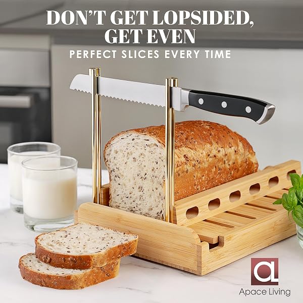 DITTO 2.0 BAMBOO BREAD SLICER FOR HOMEMADE BREAD – 6.5″ WIDE ADJUSTABLE BREAD SLICER GUIDE CUTS EVEN SLICES, 4 THICKNESS OPTIONS – WORKS WITH BUNS, BAGELS – INCL CRUMB TRAY