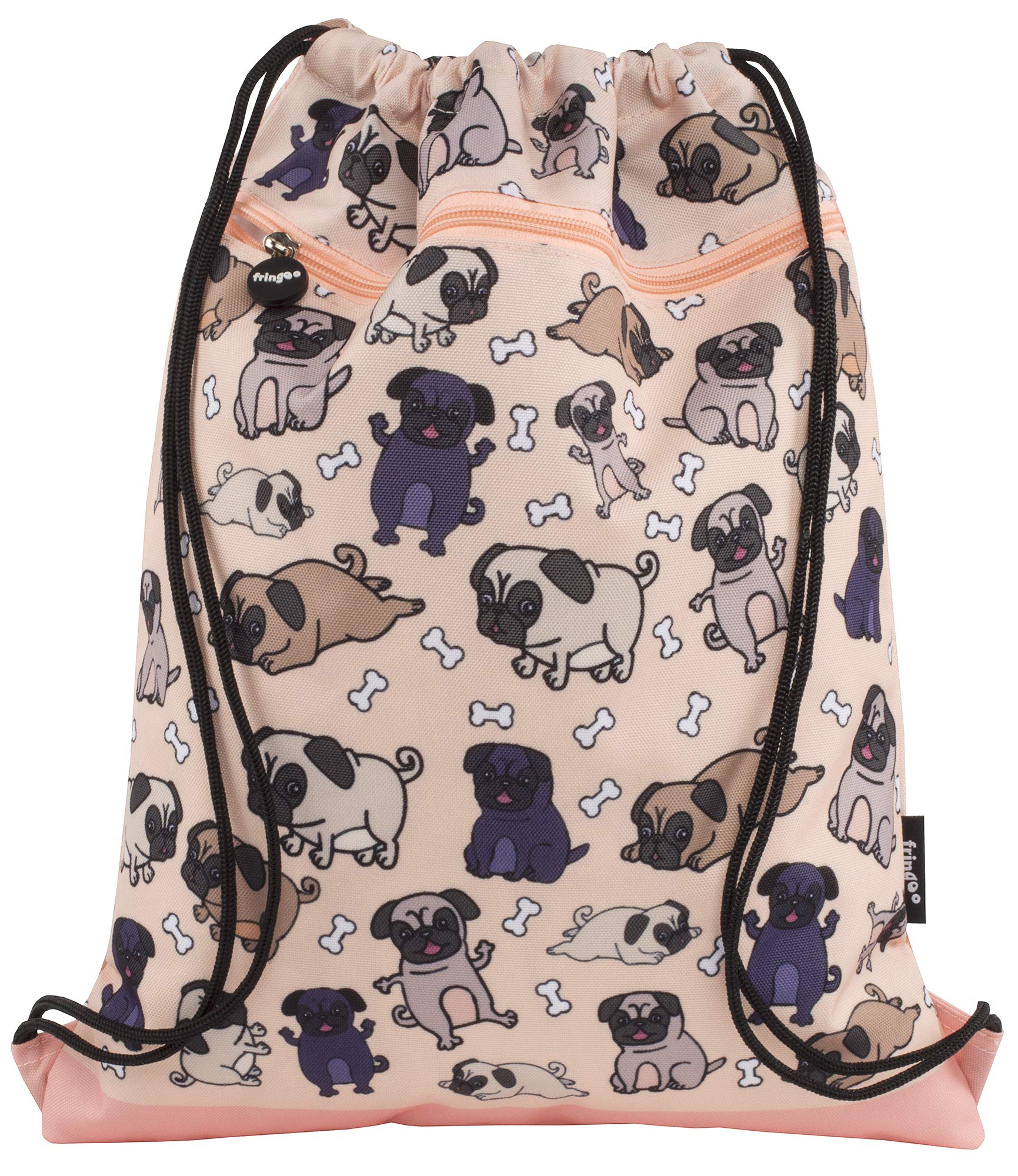 Fringoo - Kids Drawstring Bag - Front Zipped Pocket - Large Capacity Drawstring Bag - PE Bag - School - Gym - Swim - Pug World Design — image 1