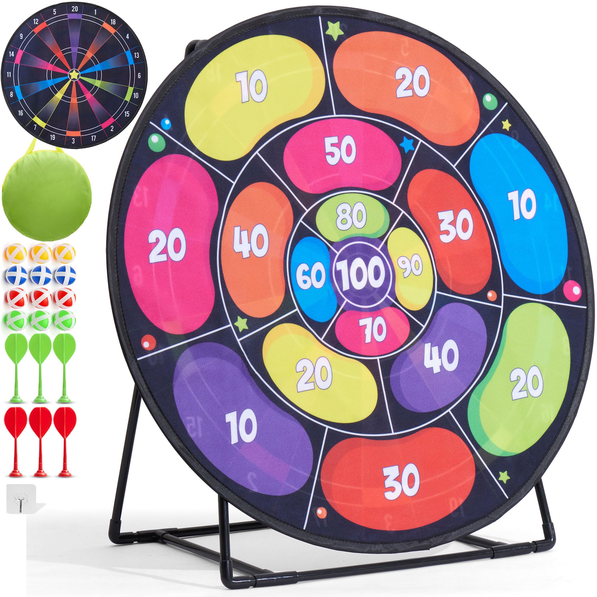 Cheerful Children Toys Jumbo Kids Dart Board XL or XXL, Dart Board Set for Kids - Reversible Design, Sturdy Stand, 12 Sticky Balls & 6 Darts, Indoor/Outdoor Games Ages 3-8 (Neon, 73cm)
