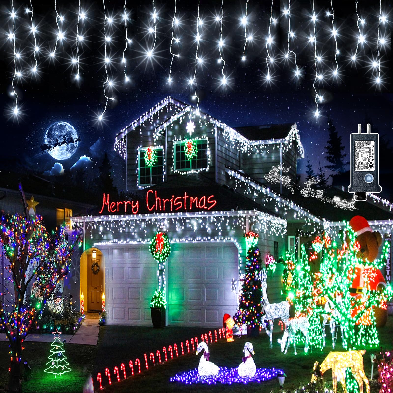 99ft 1216 LED Icicle Christmas Lights Outdoor - 8 Modes Icicle Lights with 228 Drops, Waterproof Plug in Fairy Curtain Light with Timer Memory for Party Holiday Wedding Decorations, Cool White Image