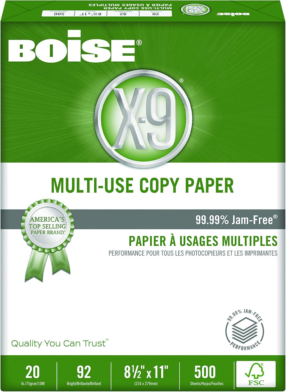 BOISE X-9 Multi-Use Copy Paper, 8.5" x 11" Letter, 92 Bright White, 20 lb., 10 Ream Carton (5, 000 Sheets) : Letter Paper : Office Products