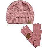 C.C Unisex Soft Stretch Cable Knit Beanie and Anti-Slip Touchscreen Gloves 2 Pc Set, Mauve