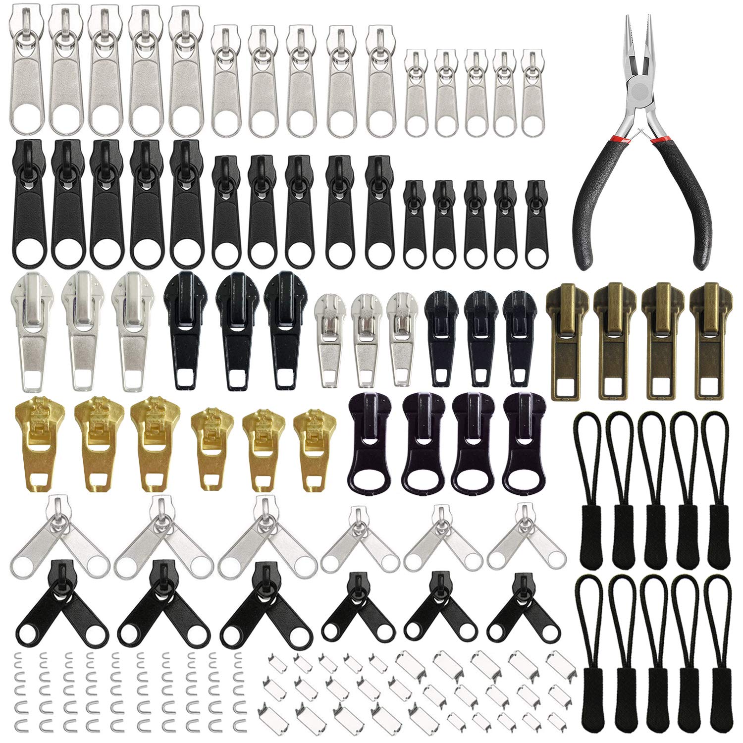 EuTengHao 169Pcs Zipper Kit with Pull Rescue Tool and Install Pliers for Clothing, Jackets, Purses, Luggage, Backpacks (Silver and Black)