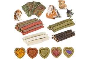 65PCS Rabbit Bunny Guinea Pig Chew Toys, Chinchilla Hamster Chews Treats Toys for Teeth, Timothy Hay Chips Treats Sticks for 