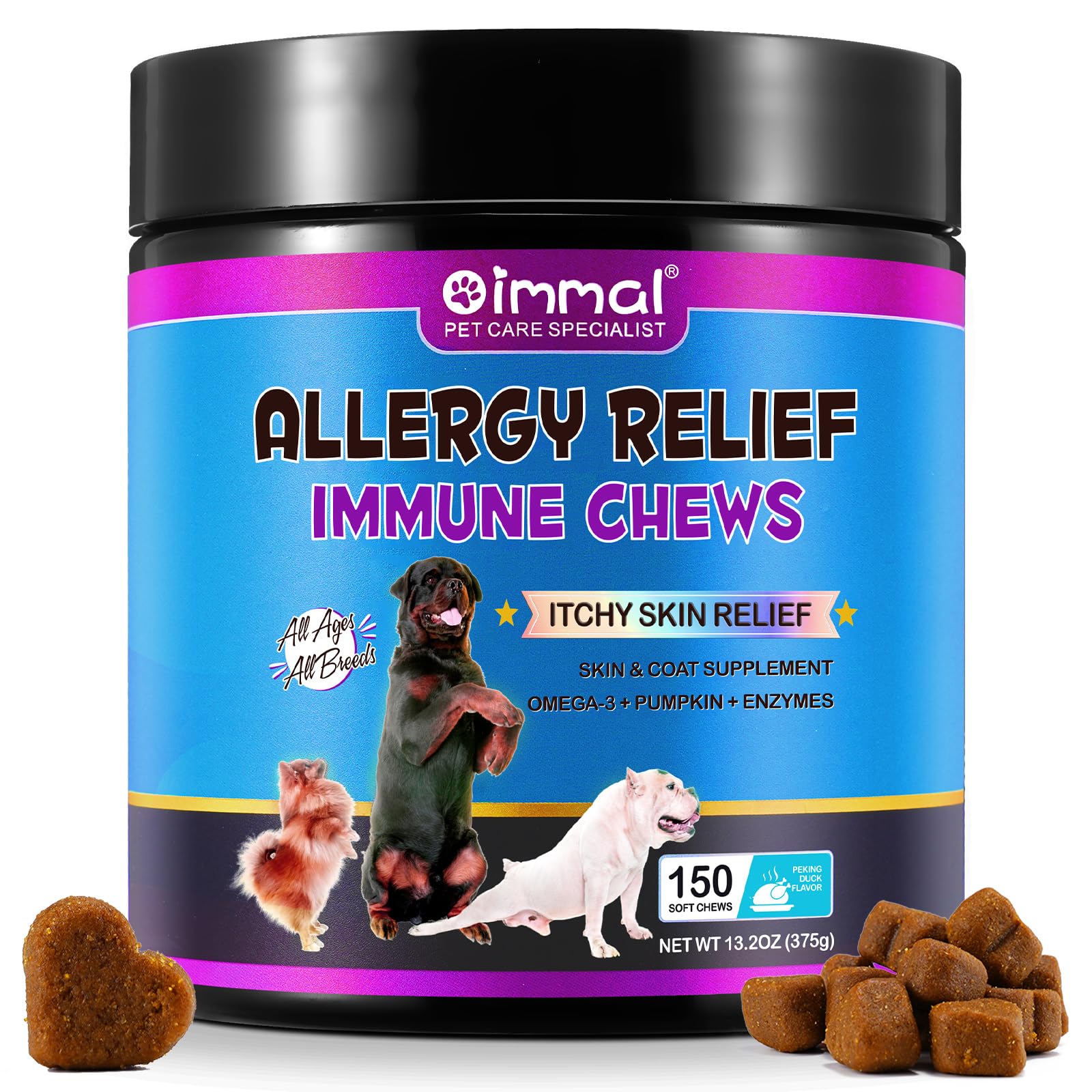 HUALIJIA Dog Allergy Relief Treats(150 Chews), Itch and Immunity Treats for Dogs - Soothe Itchy Skin, Paws, Eyes, Ears - Stop Itching, Licking, Scratching for All Breeds and Sizes, Peking Duck Flavor