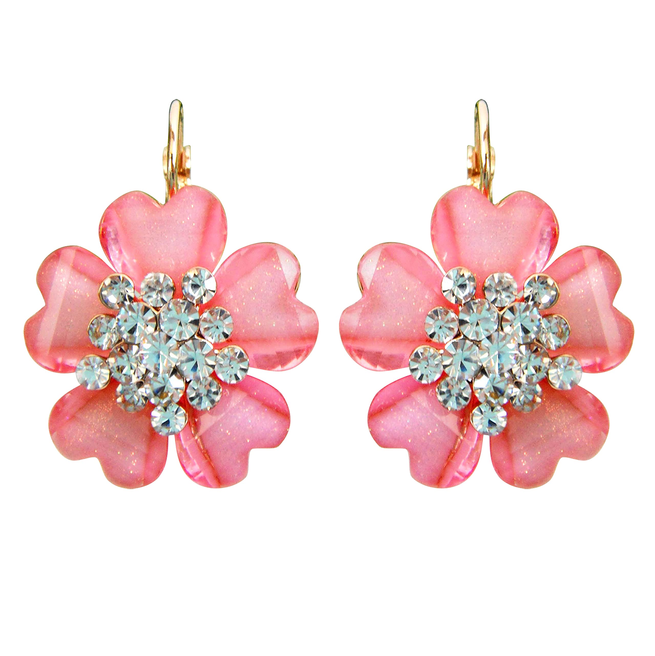 Navachi 18k Gold Plated Flower Pink Acatate Crystal Hoop Az1585e leverback Earrings