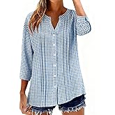Micoson Womens 3/4 Sleeve Tops Cotton Linen Button Down Shirts V Neck Pleated Casual Loose Blouses Roll Up Sleeve Shirt