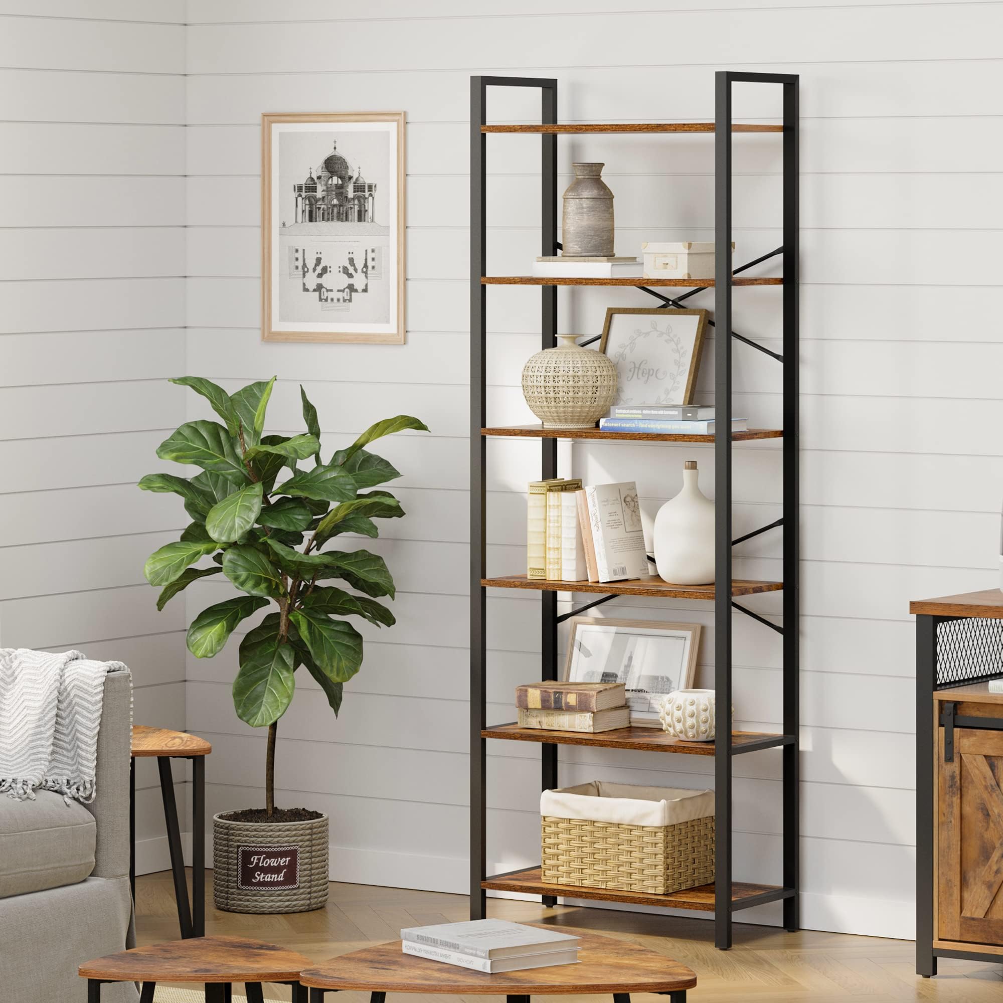 VASAGLE 6-Tier Bookshelf, Bookcase with Steel Frame, Book Shelf for Living Room, Home Office, Study, 11.8 x 26 x 73.2 Inches, Industrial Style, Rustic Brown and Ink Black ULLS062B01