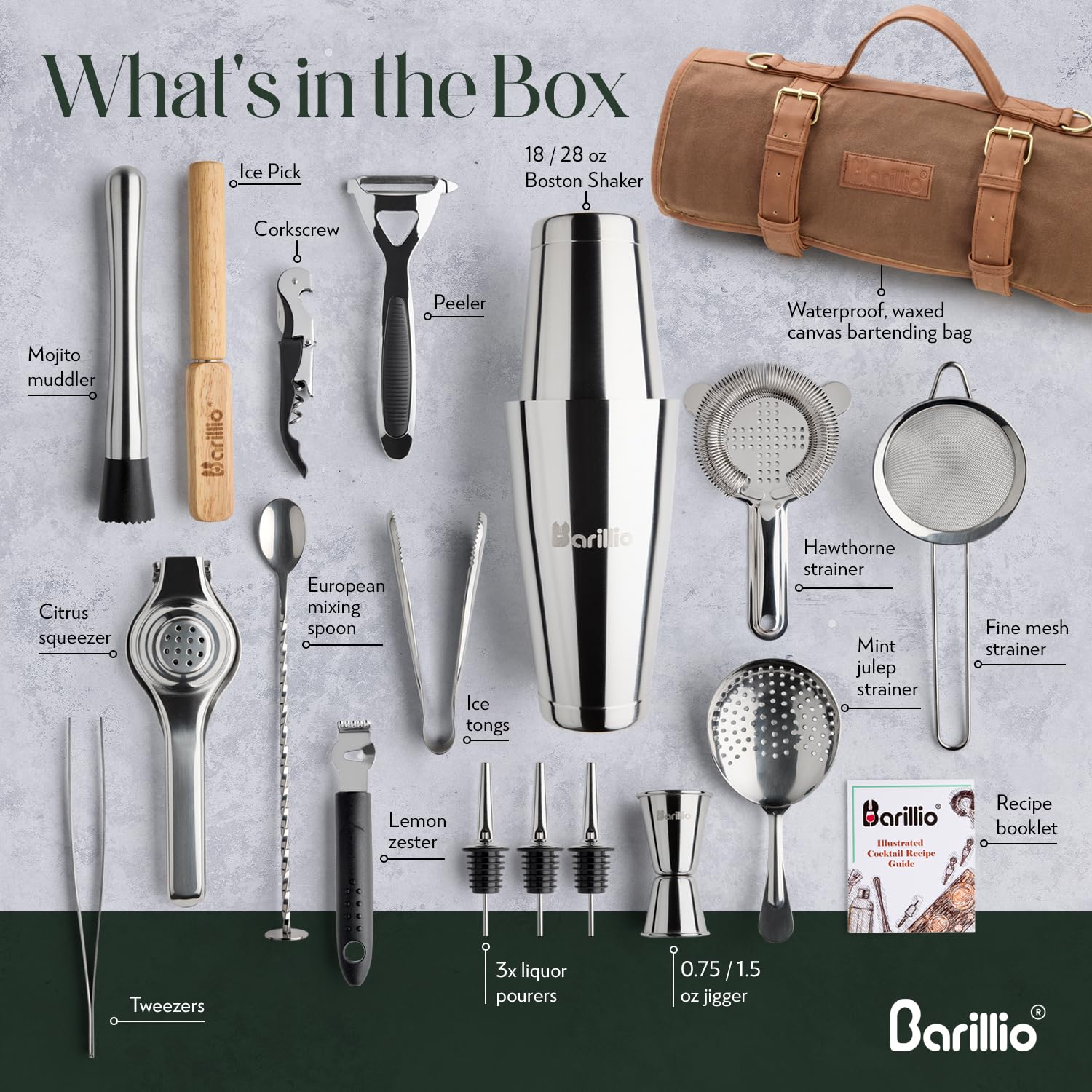 Barillio Bartender Kit Bag with Cocktail Shaker Set - Waxed Canvas, Traveling Bar Tools Bag with 17-Pc Cocktail Kit - Travel Mixology Bartending Kits - Mobile Bar Bag with Strap & Accessories - Silver - Image 6