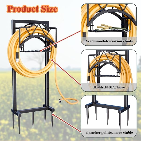AMDERVEN GARDEN HOSE HOLDERS FOR OUTSIDE – WATER HOSE HOLDER FREESTANDING,METAL HOSE STAND WITH 5 SPIKERS,HOSE HANGER WITH BASKET,OUTDOOR GARDEN HOSE REEL HEAVY DUTY,HOLDS 150-FEET HOSE,BLACK