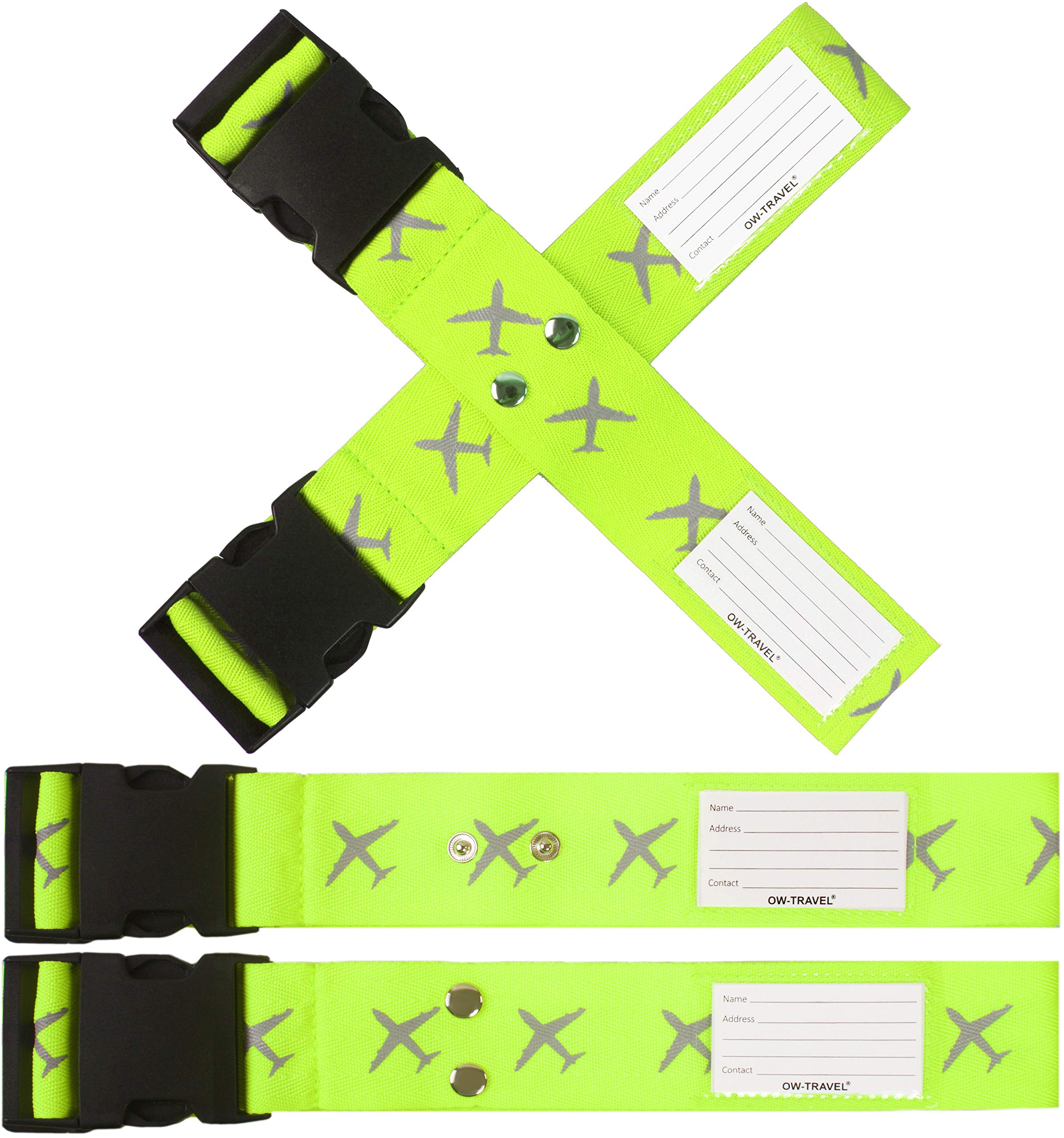 OW-Travel Cross Luggage Straps for Suitcases (2 Pack Yellow) Easy to Spot Personalised Suitcase Straps with Address labels.Case Strap Suitcase Strap Luggage Belt for Bags Baggage with Name Card Slot